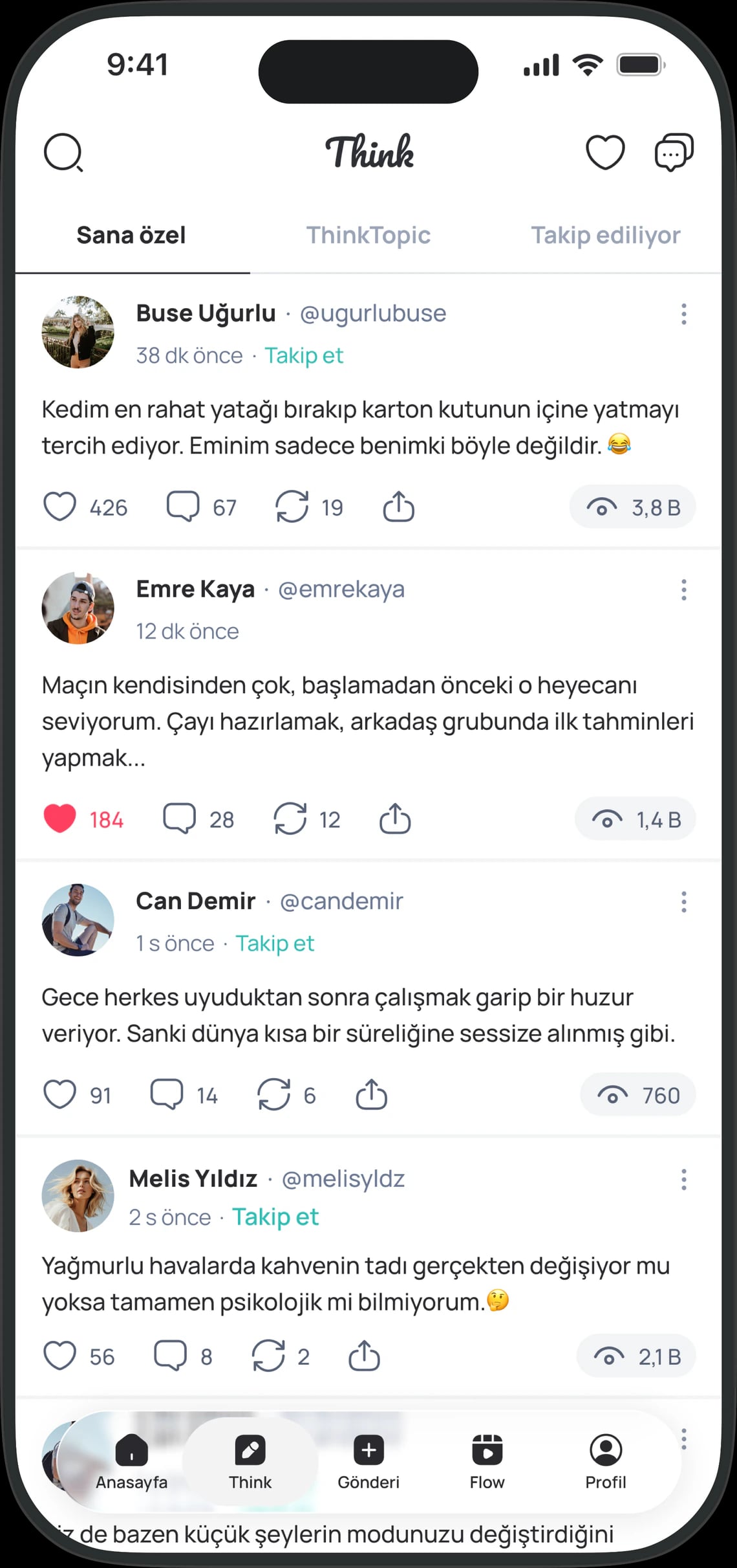 Lolovy Think ekranı: kullanıcıların kısa düşünce paylaşımları