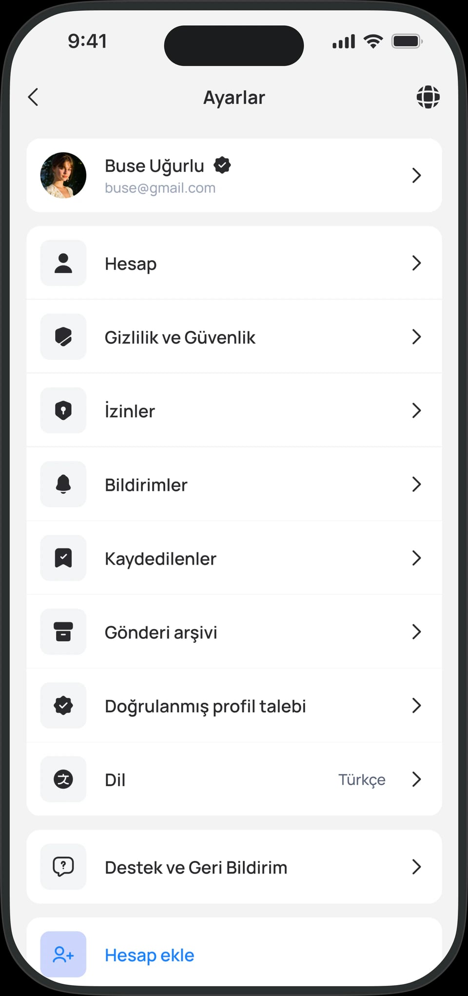 Lolovy ayarlar ekranı: hesap, gizlilik ve güvenlik seçenekleri